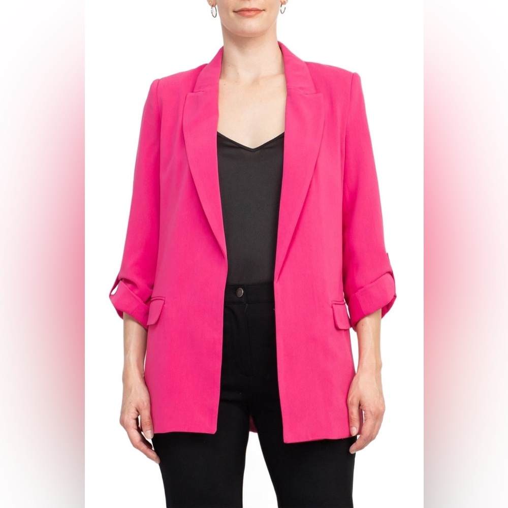 T Tahari Lapel Collar 3/4 Roll Sleeve Open Front Woven Blazer